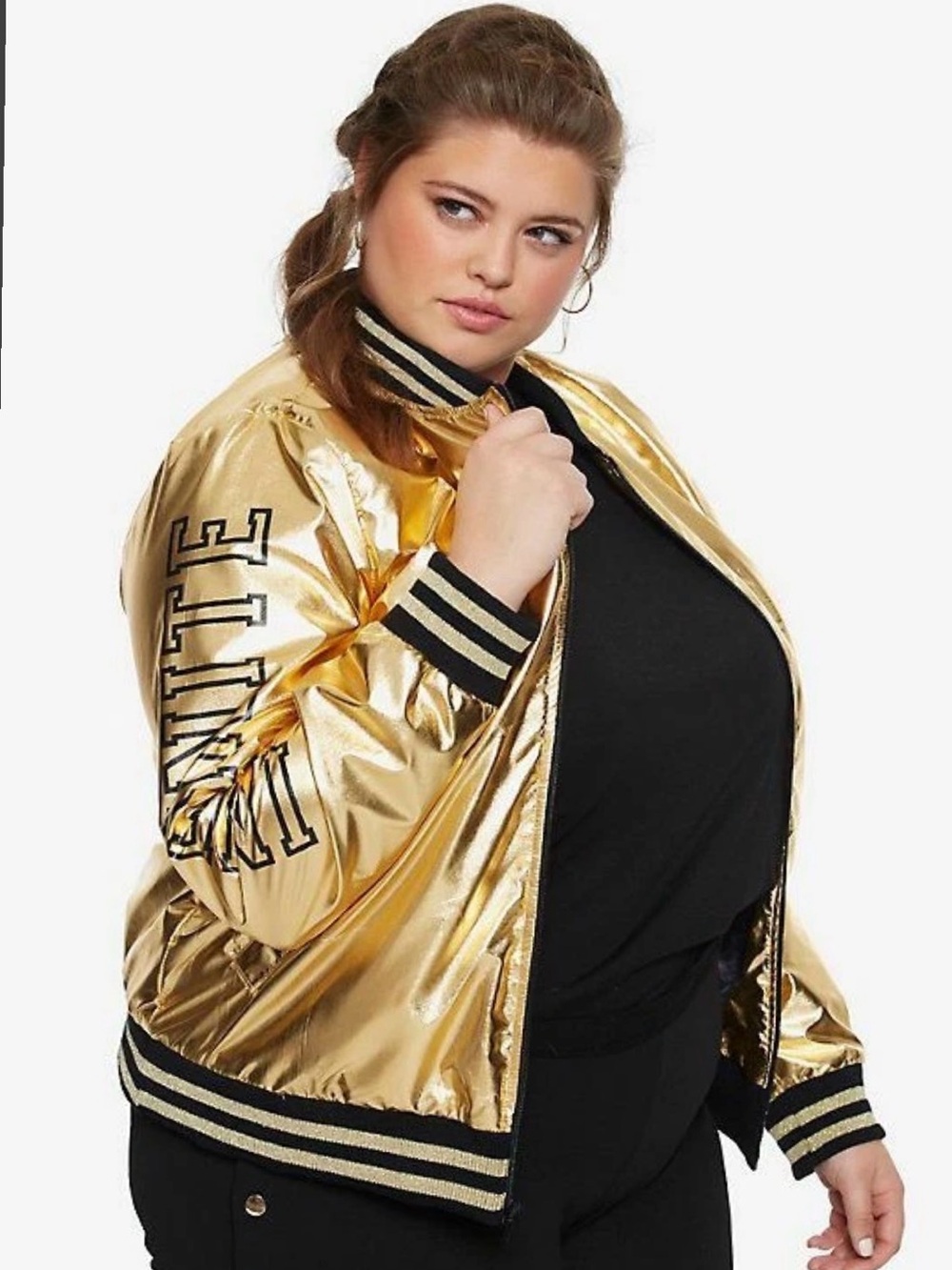 4X Her Universe Reversible Metallic Gold Bomber Jacket with Striped Trim